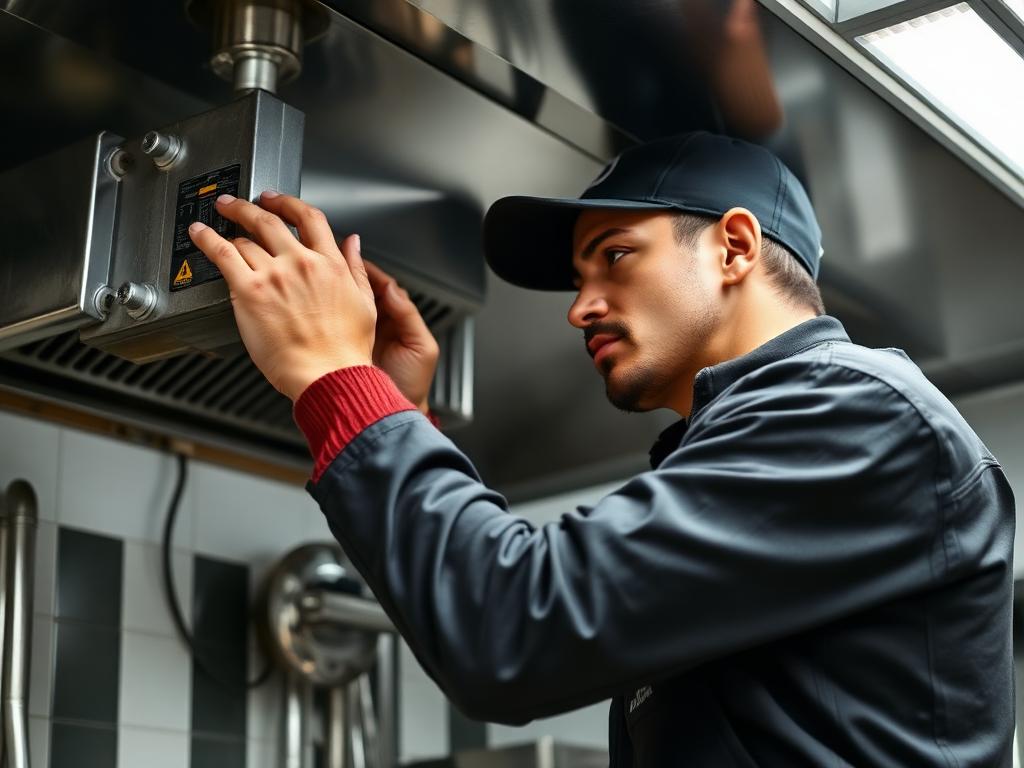 Service technician working on kitchen exhaust system